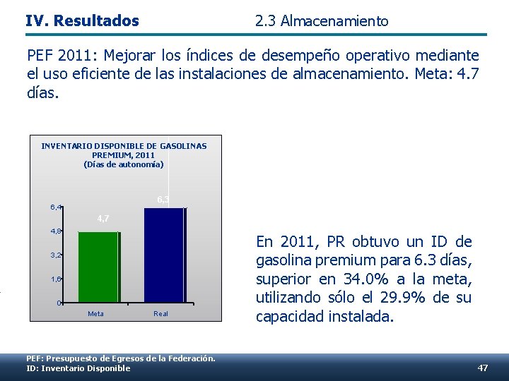 IV. Resultados 2. 3 Almacenamiento PEF 2011: Mejorar los índices de desempeño operativo mediante
