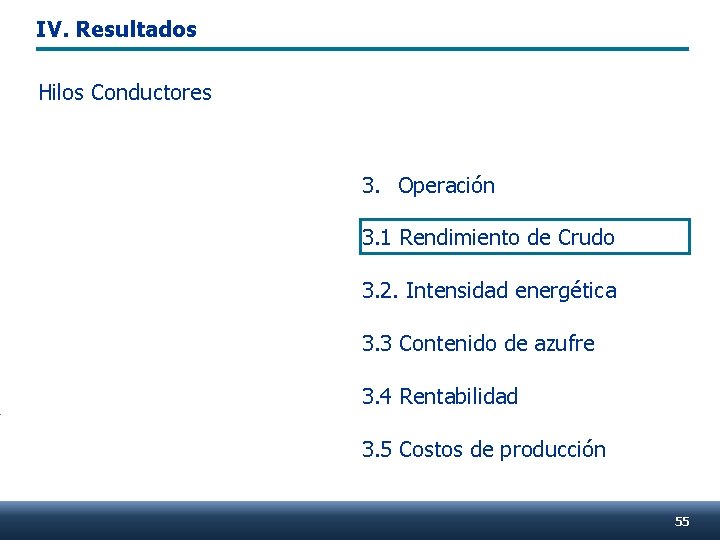 IV. Resultados Hilos Conductores 3. Operación 3. 1 Rendimiento de Crudo 3. 2. Intensidad
