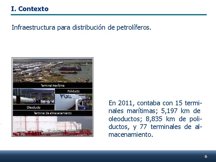 I. Contexto Infraestructura para distribución de petrolíferos. En 2011, contaba con 15 terminales marítimas;