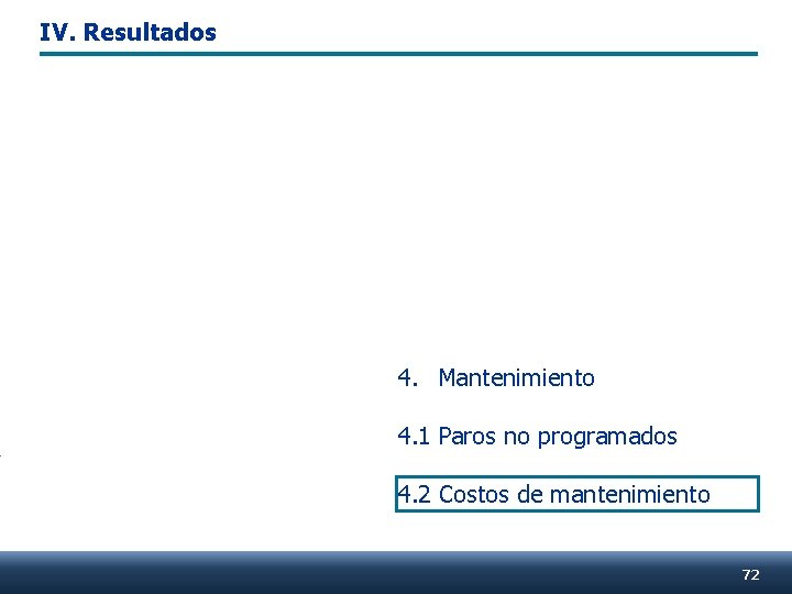 IV. Resultados Hilos Conductores 4. Mantenimiento 4. 1 Paros no programados 4. 2 Costos