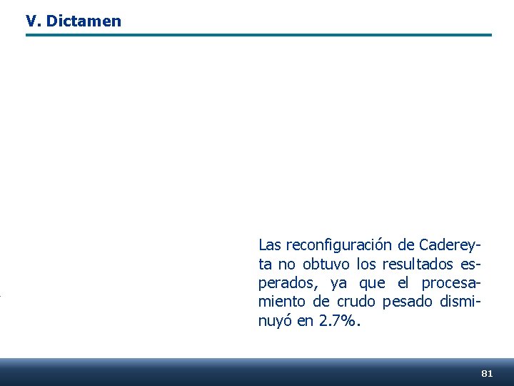 V. Dictamen Las reconfiguración de Cadereyta no obtuvo los resultados esperados, ya que el