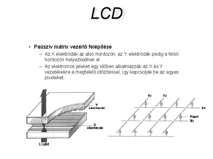 LCD • Passzív mátrix vezérlő felépítése – Az X elektródák az alsó hordozón, az