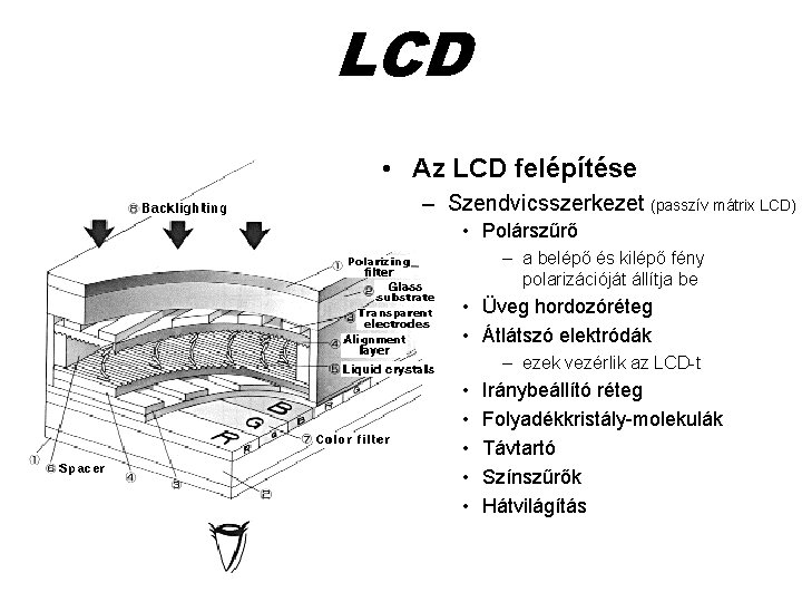 LCD • Az LCD felépítése – Szendvicsszerkezet (passzív mátrix LCD) • Polárszűrő – a
