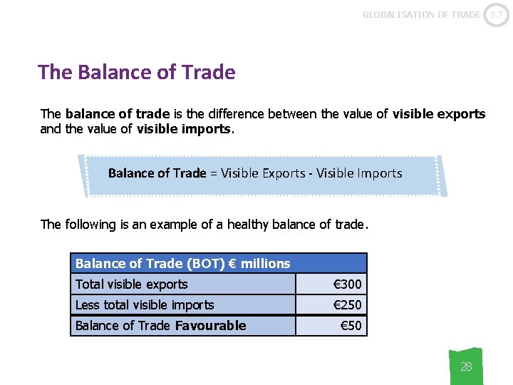GLOBALISATION OF TRADE The Balance of Trade The balance of trade is the difference