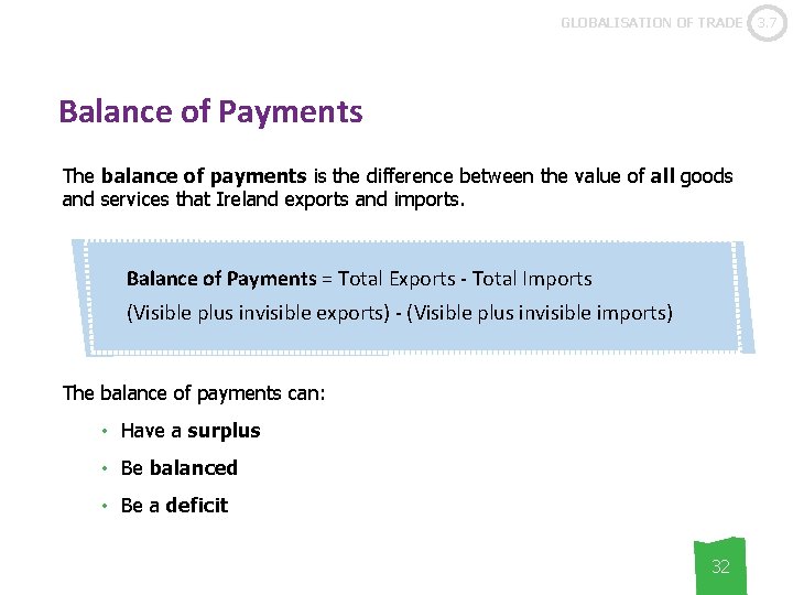 GLOBALISATION OF TRADE Balance of Payments The balance of payments is the difference between