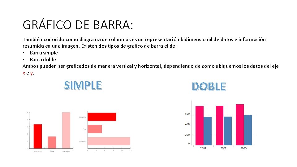 GRÁFICO DE BARRA: También conocido como diagrama de columnas es un representación bidimensional de