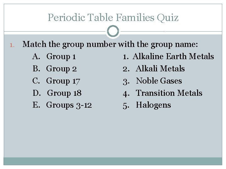 Periodic Table Families Quiz 1. Match the group number with the group name: A.