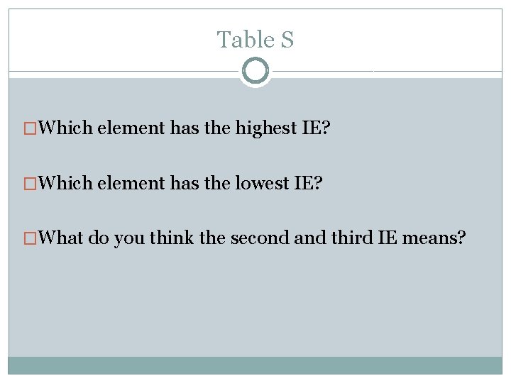 Table S �Which element has the highest IE? �Which element has the lowest IE?