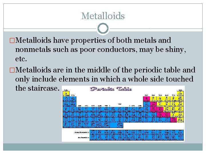 Metalloids �Metalloids have properties of both metals and nonmetals such as poor conductors, may