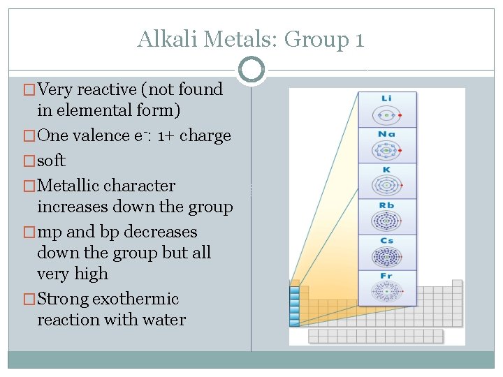 Alkali Metals: Group 1 �Very reactive (not found in elemental form) �One valence e-: