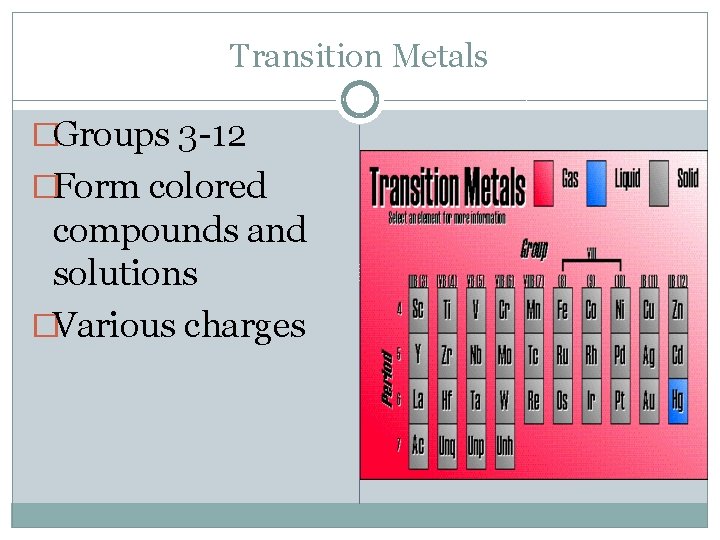 Transition Metals �Groups 3 -12 �Form colored compounds and solutions �Various charges 