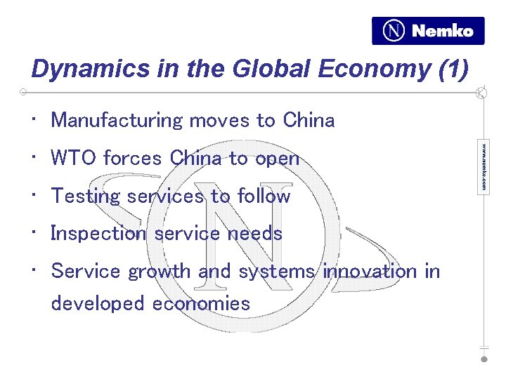 Dynamics in the Global Economy (1) • Manufacturing moves to China • WTO forces