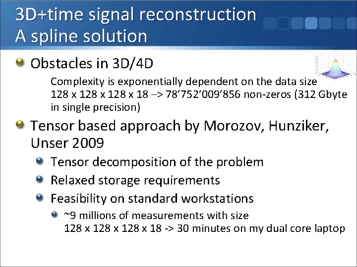 3 D+time signal reconstruction A spline solution Obstacles in 3 D/4 D Complexity is