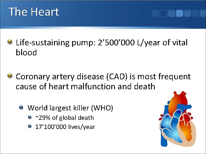 The Heart Life-sustaining pump: 2’ 500’ 000 L/year of vital blood Coronary artery disease