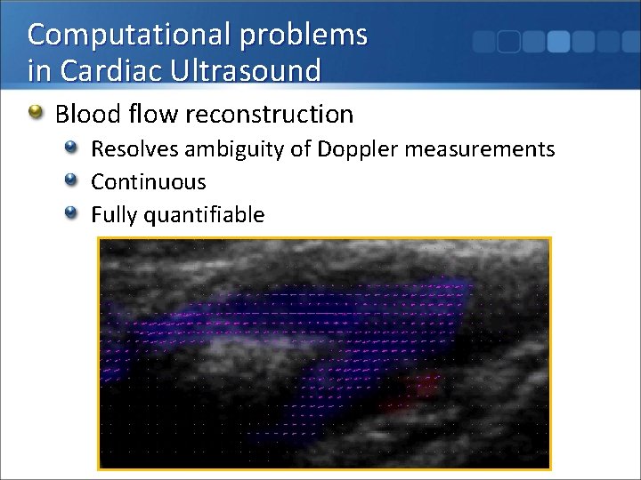 Computational problems in Cardiac Ultrasound Blood flow reconstruction Resolves ambiguity of Doppler measurements Continuous