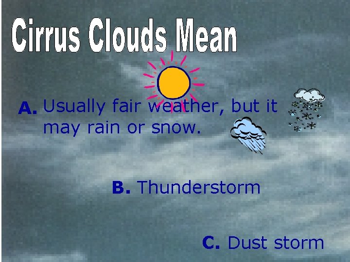 A. Usually fair weather, but it may rain or snow. B. Thunderstorm C. Dust
