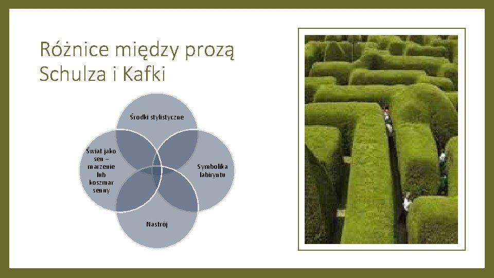 Różnice między prozą Schulza i Kafki Środki stylistyczne Świat jako sen – marzenie lub