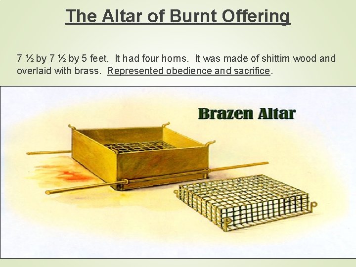 The Altar of Burnt Offering 7 ½ by 5 feet. It had four horns.