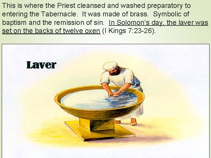 This is where the Priest cleansed and washed preparatory to entering the Tabernacle. It