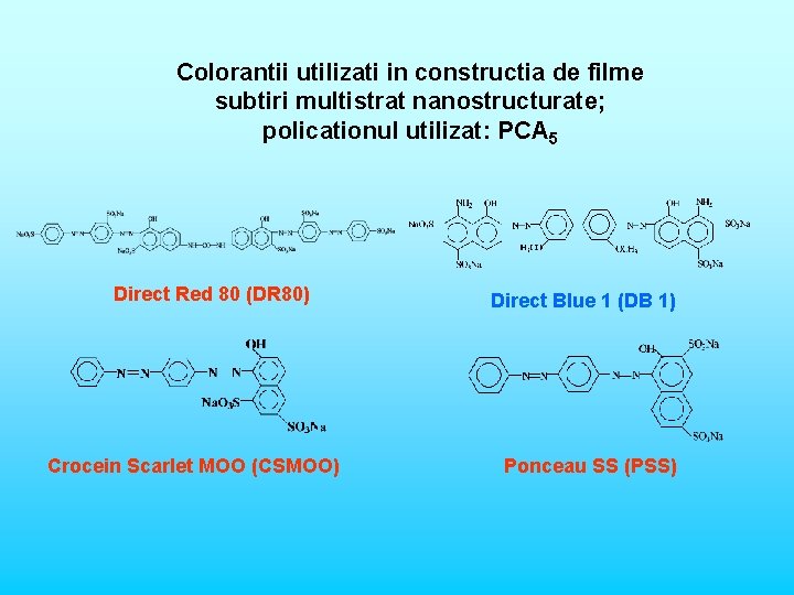 Colorantii utilizati in constructia de filme subtiri multistrat nanostructurate; policationul utilizat: PCA 5 Direct