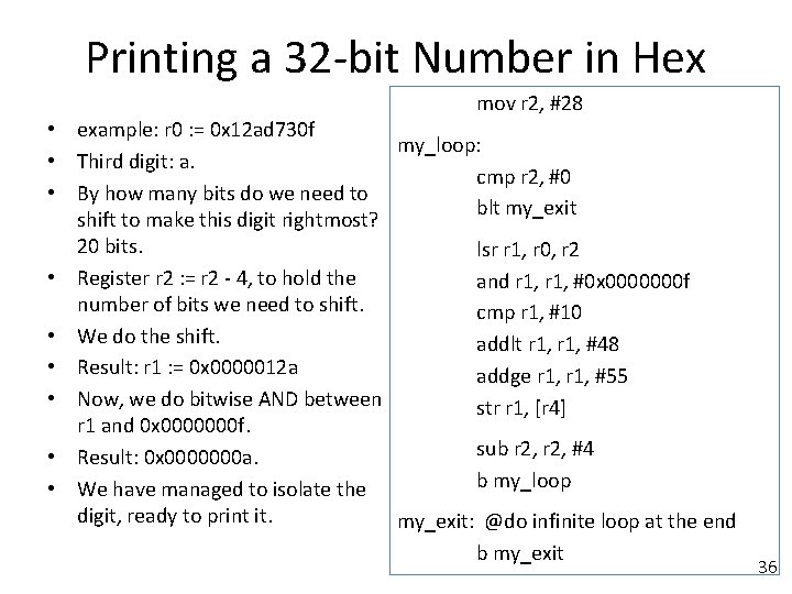 Printing a 32 -bit Number in Hex mov r 2, #28 • example: r