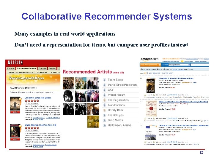 Collaborative Recommender Systems Many examples in real world applications Don’t need a representation for