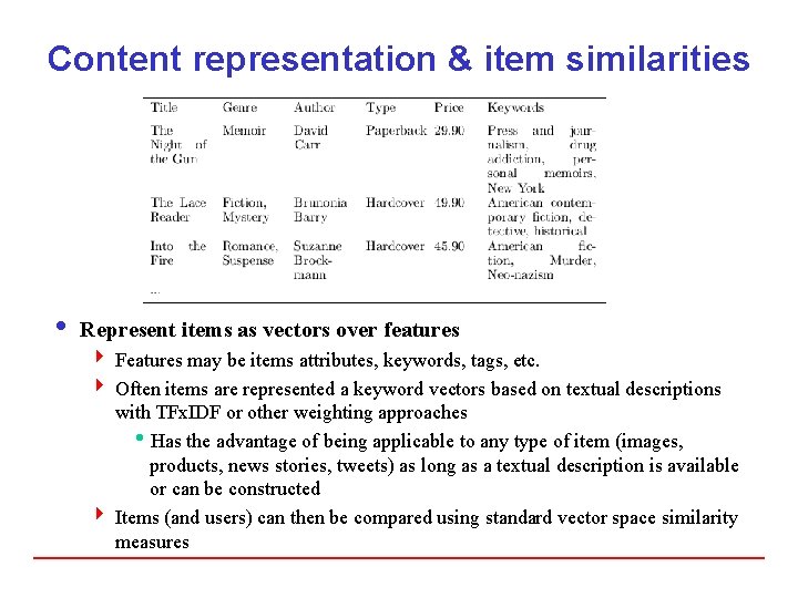 Content representation & item similarities i Represent items as vectors over features 4 Features