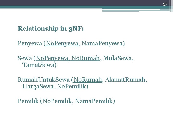 57 Relationship in 3 NF: Penyewa (No. Penyewa, Nama. Penyewa) Sewa (No. Penyewa, No.