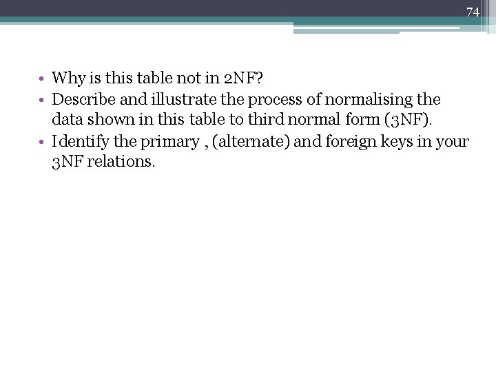 74 • Why is this table not in 2 NF? • Describe and illustrate