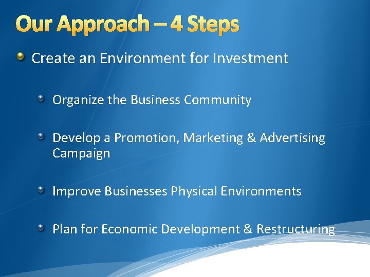 Our Approach – 4 Steps Create an Environment for Investment Organize the Business Community