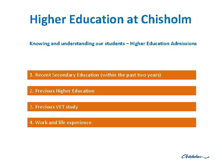 Higher Education at Chisholm Knowing and understanding our students – Higher Education Admissions 1.