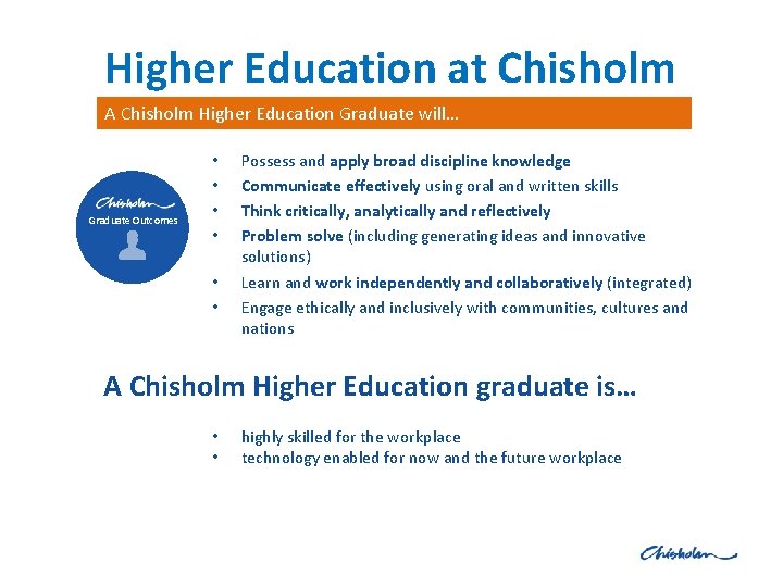 Higher Education at Chisholm A Chisholm Higher Education Graduate will… Graduate Outcomes • •