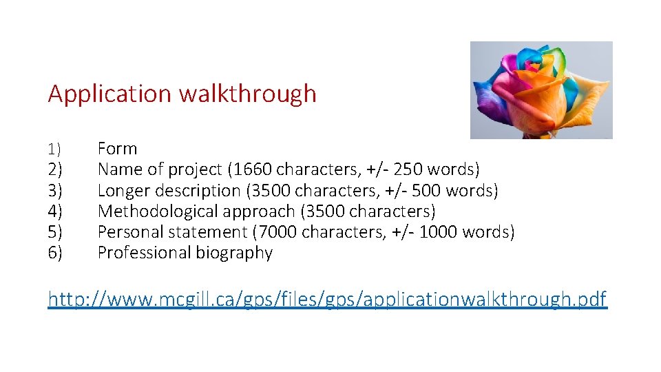 Application walkthrough 1) 2) 3) 4) 5) 6) Form Name of project (1660 characters,