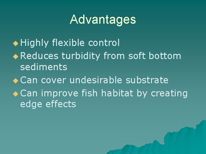 Advantages u Highly flexible control u Reduces turbidity from soft bottom sediments u Can