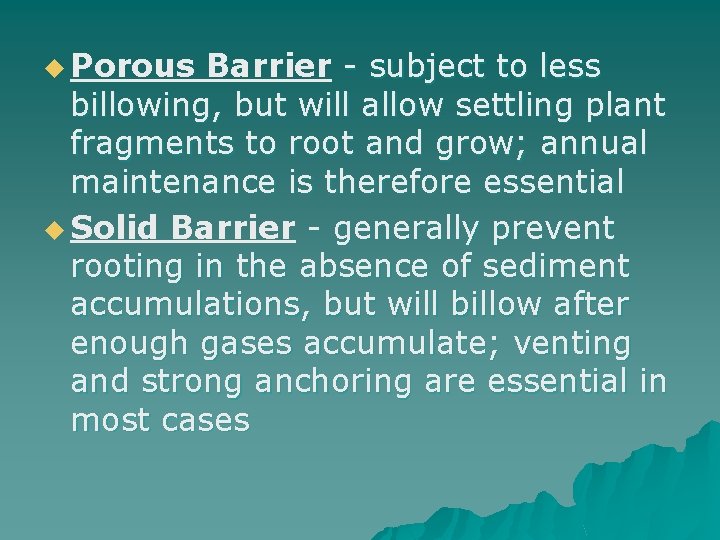 u Porous Barrier - subject to less billowing, but will allow settling plant fragments