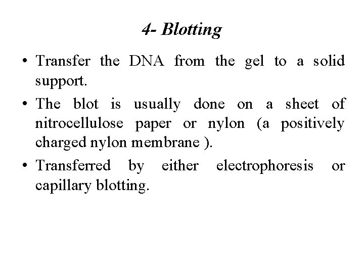 4 - Blotting • Transfer the DNA from the gel to a solid support.