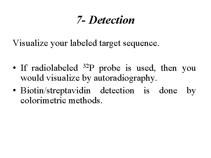 7 - Detection Visualize your labeled target sequence. • If radiolabeled 32 P probe