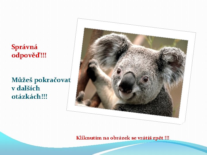 Správná odpověď!!! Můžeš pokračovat v dalších otázkách!!! Kliknutím na obrázek se vrátíš zpět !!! Správná odpověď!!! Můžeš pokračovat v dalších otázkách!!! Kliknutím na obrázek se vrátíš zpět !!!