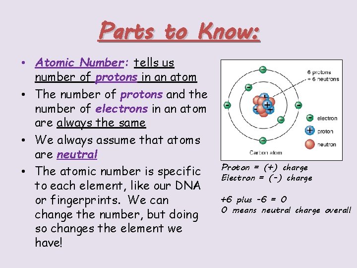 Parts to Know: • Atomic Number: tells us number of protons in an atom