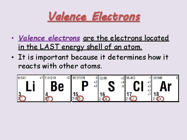 Valence Electrons • Valence electrons are the electrons located in the LAST energy shell