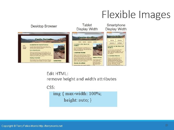 Flexible Images Edit HTML: remove height and width attributes CSS: img { max-width: 100%; Flexible Images Edit HTML: remove height and width attributes CSS: img { max-width: 100%;