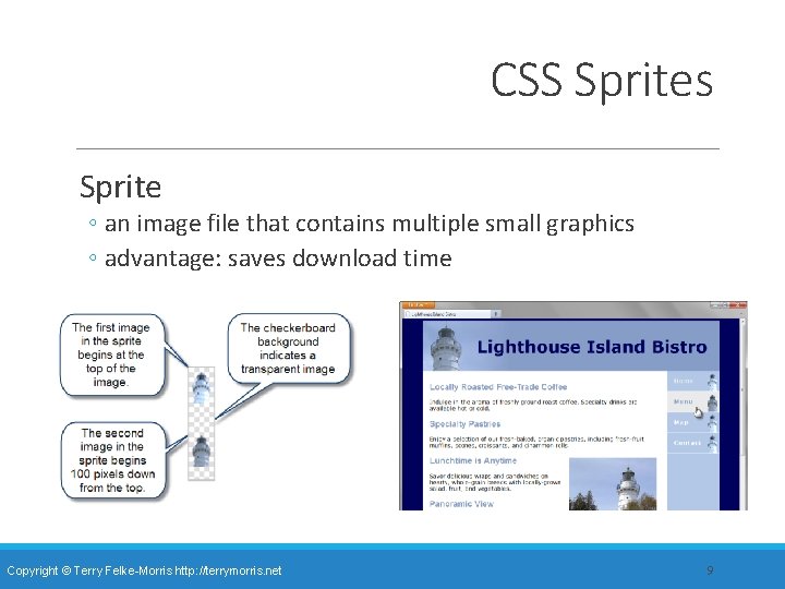 CSS Sprites Sprite ◦ an image file that contains multiple small graphics ◦ advantage: CSS Sprites Sprite ◦ an image file that contains multiple small graphics ◦ advantage: