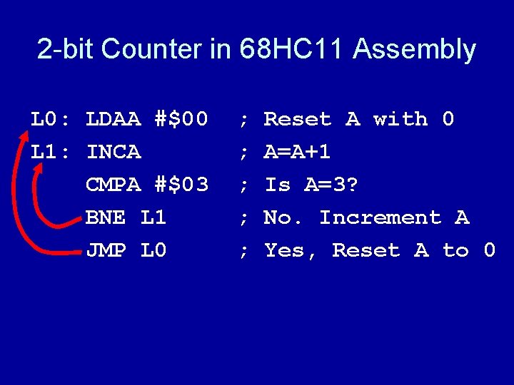 2 -bit Counter in 68 HC 11 Assembly L 0: LDAA #$00 L 1: