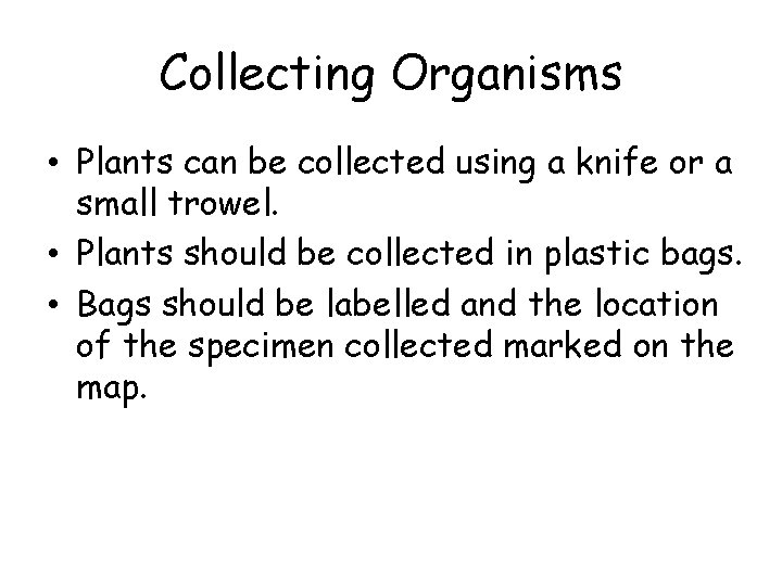 Collecting Organisms • Plants can be collected using a knife or a small trowel.
