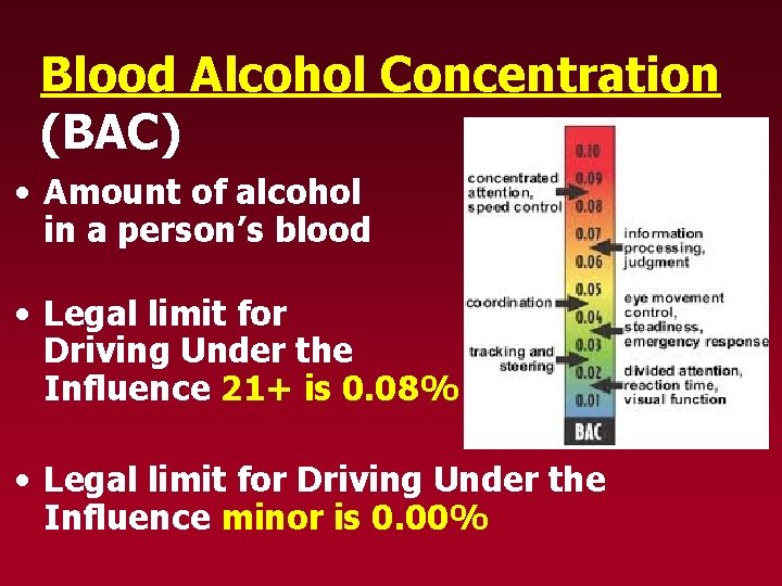 Blood Alcohol Concentration (BAC) • Amount of alcohol in a person’s blood • Legal