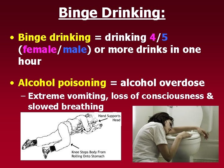 Binge Drinking: • Binge drinking = drinking 4/5 (female/male) or more drinks in one