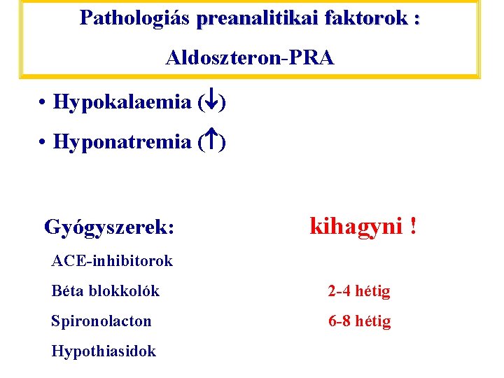 Pathologiás preanalitikai faktorok : Aldoszteron-PRA • Hypokalaemia ( ) • Hyponatremia ( ) Gyógyszerek: