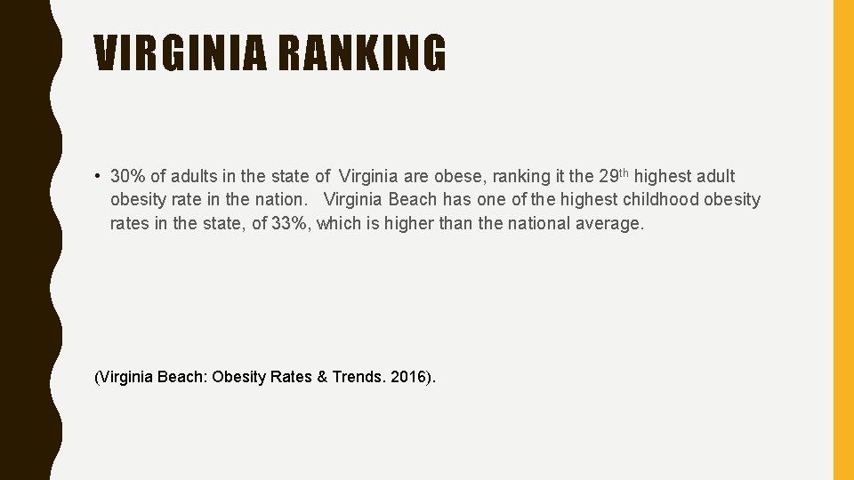 VIRGINIA RANKING • 30% of adults in the state of Virginia are obese, ranking