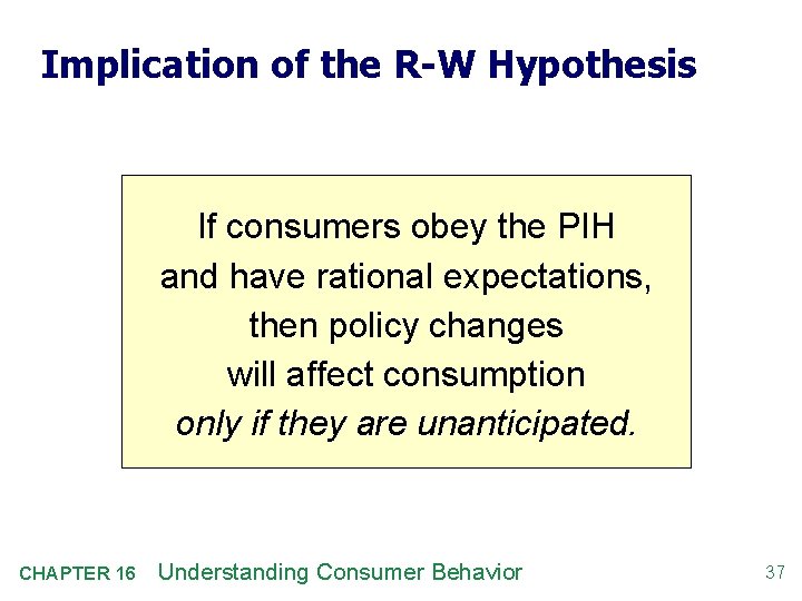Implication of the R-W Hypothesis If consumers obey the PIH and have rational expectations,