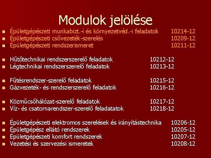 Modulok jelölése n n n Épületgépészeti munkabizt. -i és környezetvéd. -i feladatok Épületgépészeti csővezeték-szerelés Modulok jelölése n n n Épületgépészeti munkabizt. -i és környezetvéd. -i feladatok Épületgépészeti csővezeték-szerelés